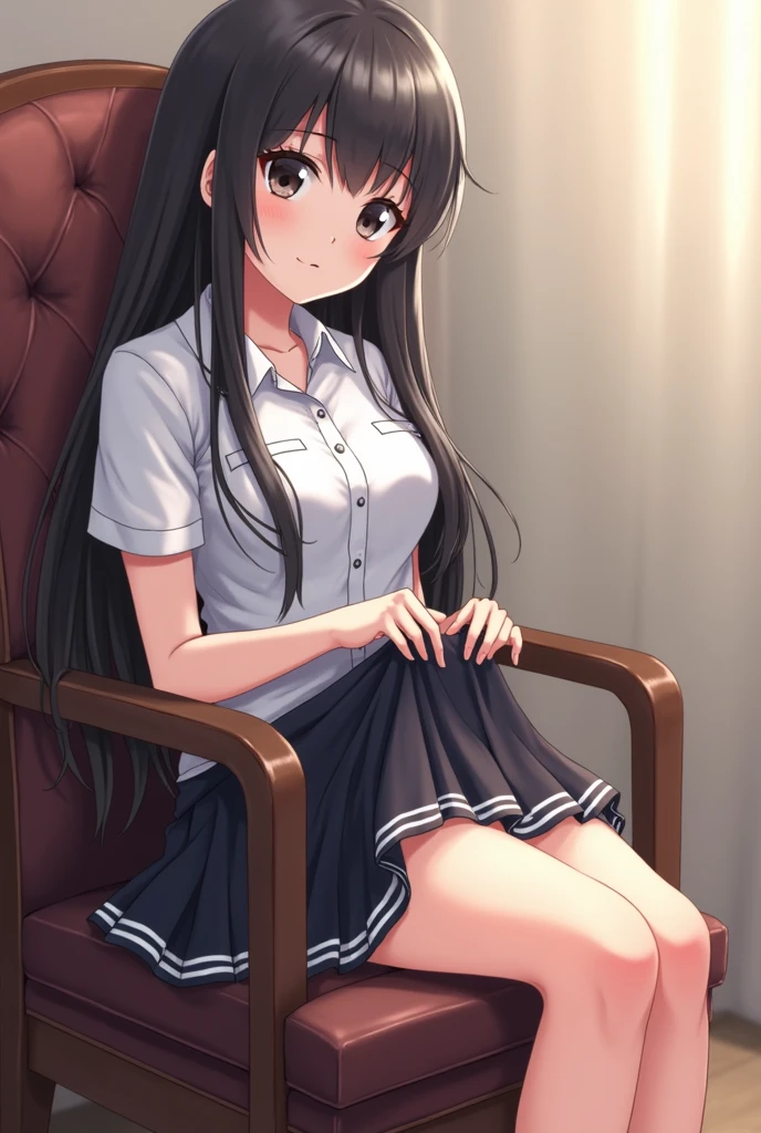 masterpiece, best quality, 1girl, sitting Chair, DILDO-CHAIR, ((dildo, riding dildo, insert dildo into pussy)), ((The insertion hole is hidden behind the skirt and cannot be seen)),