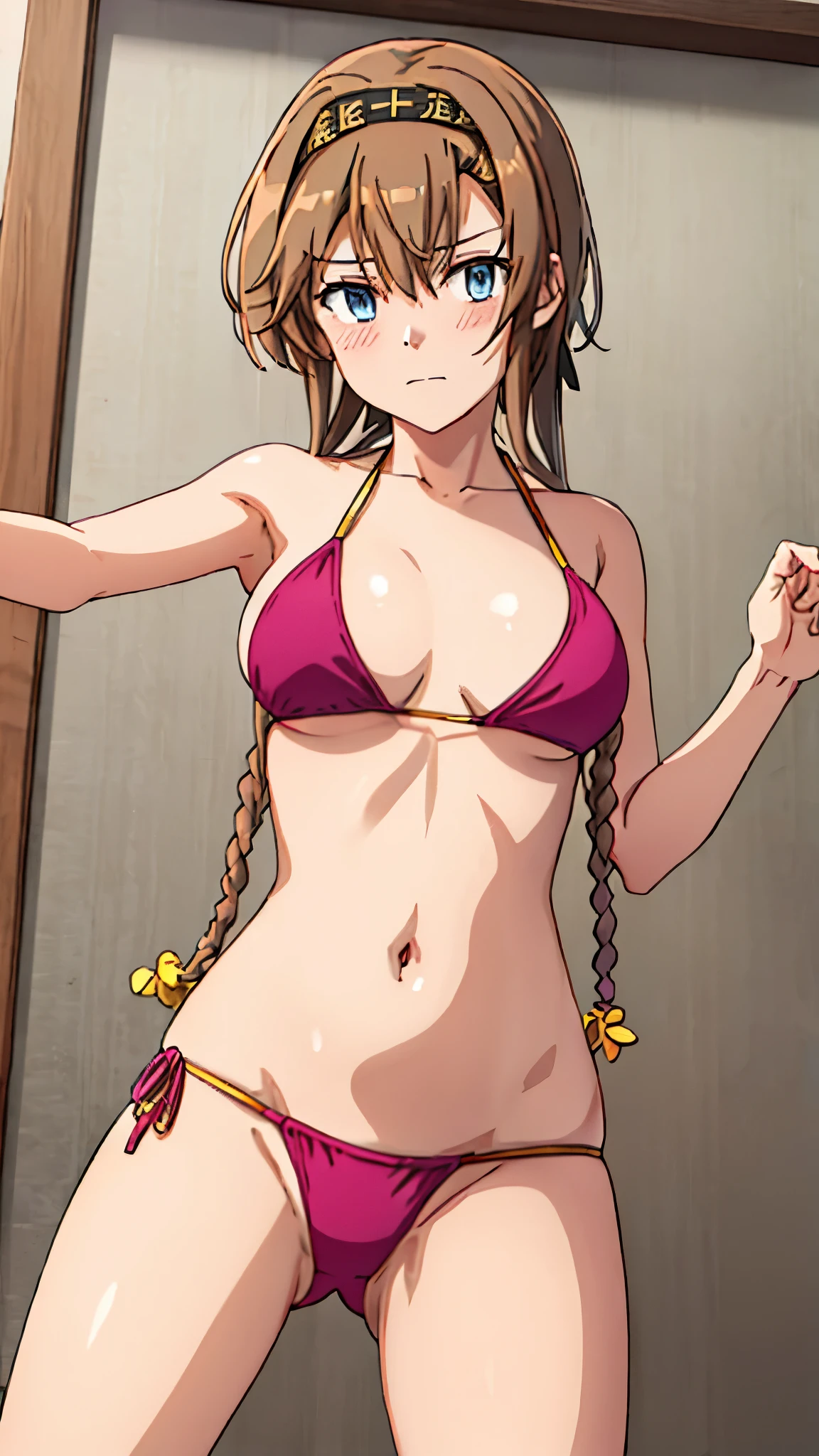 (masterpiece), (Best Quality), (Super detailed) (Very delicate and beautiful)　Kantai Collection_Tezuki　Teruzuki_kantaicollection　1 person　Twin braids、Light brown hair、Propeller hair accessory、blue eyes、(Very large breasts)、Cheek、Headband、Gray、Black headband、(red bikini swimsuit)　maritime　Dynamic　View here　Embarrassed look