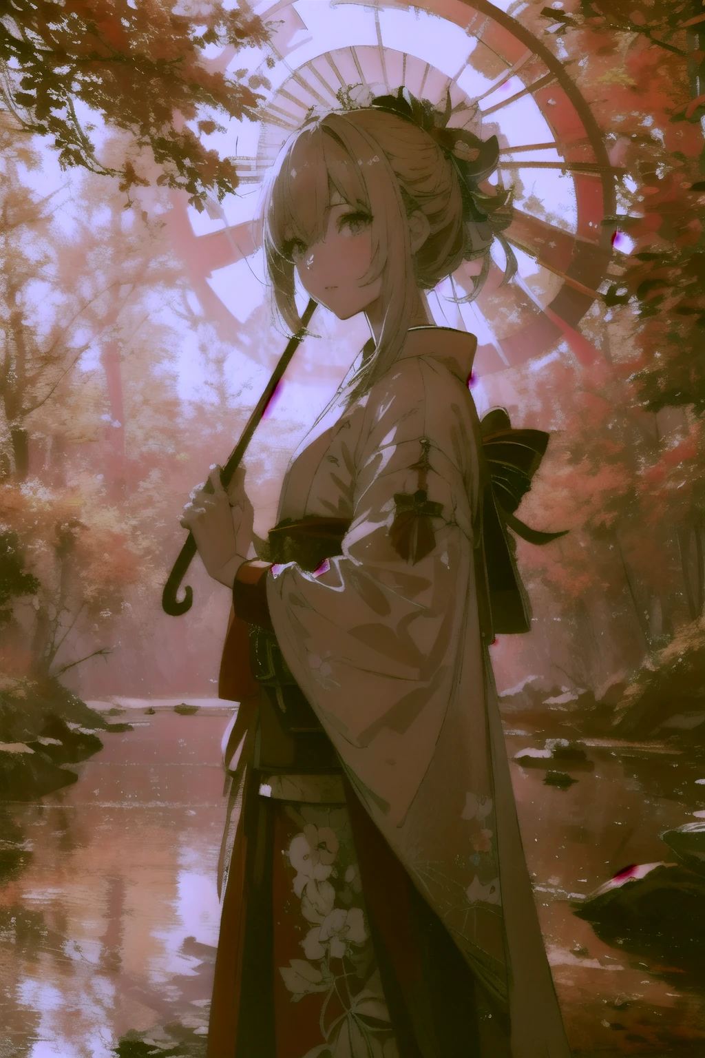 a beautiful girl, yoimiya from genshin impact, standing in a cherry blossom forest at night, detailed street lamps on a road, (best quality,4k,8k,highres,masterpiece:1.2),ultra-detailed,(realistic,photorealistic,photo-realistic:1.37),detailed haori over kimono, holding an elegant umbrella,detailed petals of cherry blossoms,dramatic lighting,vibrant colors,cinematic composition,seamless integration