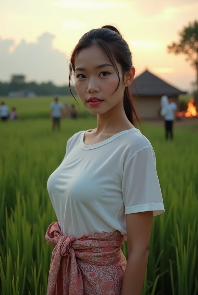 Masterpiece:1.2, high quality, best quality, high resolution, detailed, hyper realistic, 1 malay girl, naked, Shaggy hair, brown eyes, cleavage, sunrise, small firm breasts, at rice field with few village, half body, shy smile, guilty,  (detailed face), ((sharp focus)), ((face)), perfect face, cyber shot