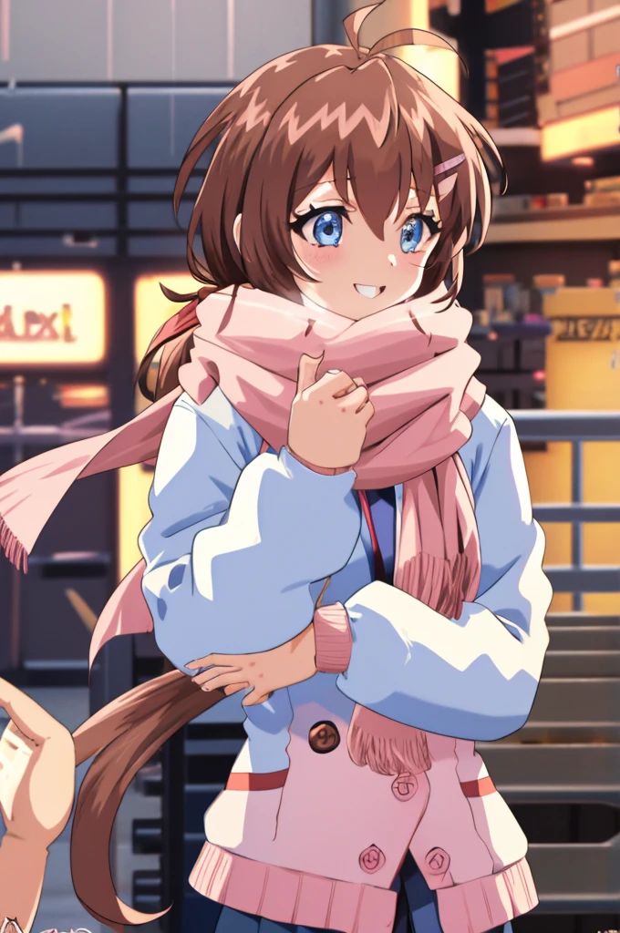 - Gal game style, One girl, Alone, Blue Eyes, Hair accessories, pink scarf, scarf, Ahoge, smile, mirror, reflection, Blurred, Hair Clip, jacket, Check pattern, , bangs, Fur trim, pink jacket, Virtual YouTuber, Check pattern scarf, Mouth closed, Depth of written boundary, cardigan, shirt, pink cardigan, Dated, Long sleeve, indoor, Brown Hair, Open clothes, Fringe trim, Blurred foreground, signature, Brown upper body, Coat