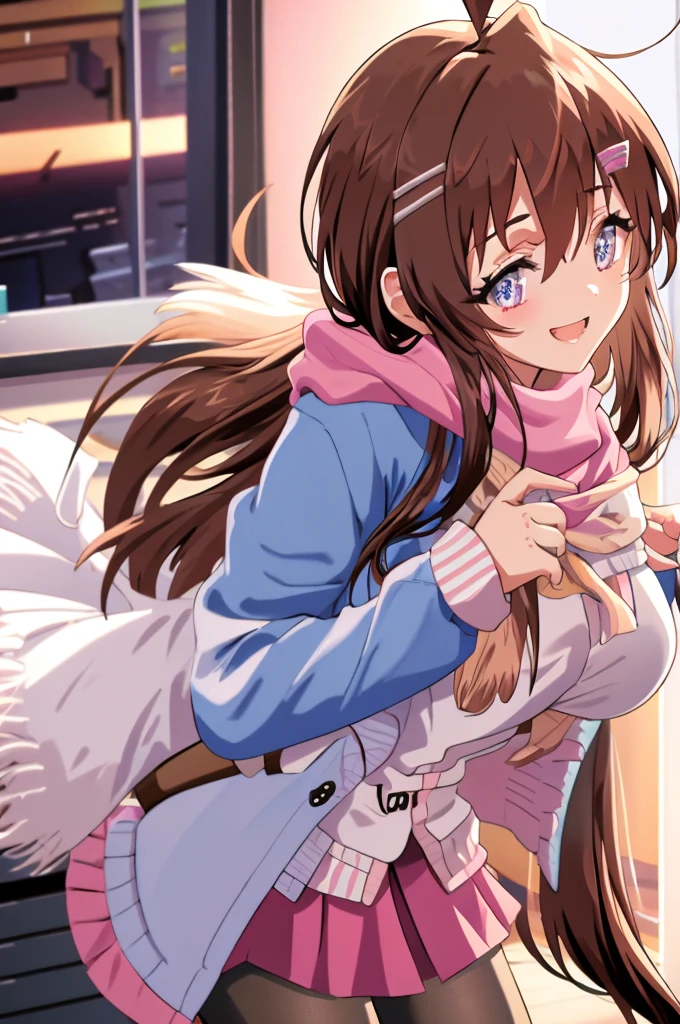 - Gal game style, One girl, Alone, Blue Eyes, Hair accessories, pink scarf, scarf, Ahoge, smile, mirror, reflection, Blurred, Hair Clip, jacket, Check pattern, , bangs, Fur trim, pink jacket, Virtual YouTuber, Check pattern scarf, Mouth closed, Depth of written boundary, cardigan, shirt, pink cardigan, Dated, Long sleeve, indoor, Brown Hair, Open clothes, Fringe trim, Blurred foreground, signature, Brown upper body, Coat