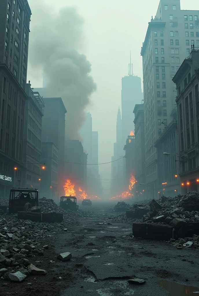 Paint a vivid picture of a cityscape in chaos: a once thriving metropolis is now in ruins, with tall buildings engulfed in flames and the remains of cars strewn across the streets, and the rubble of collapsed buildings.