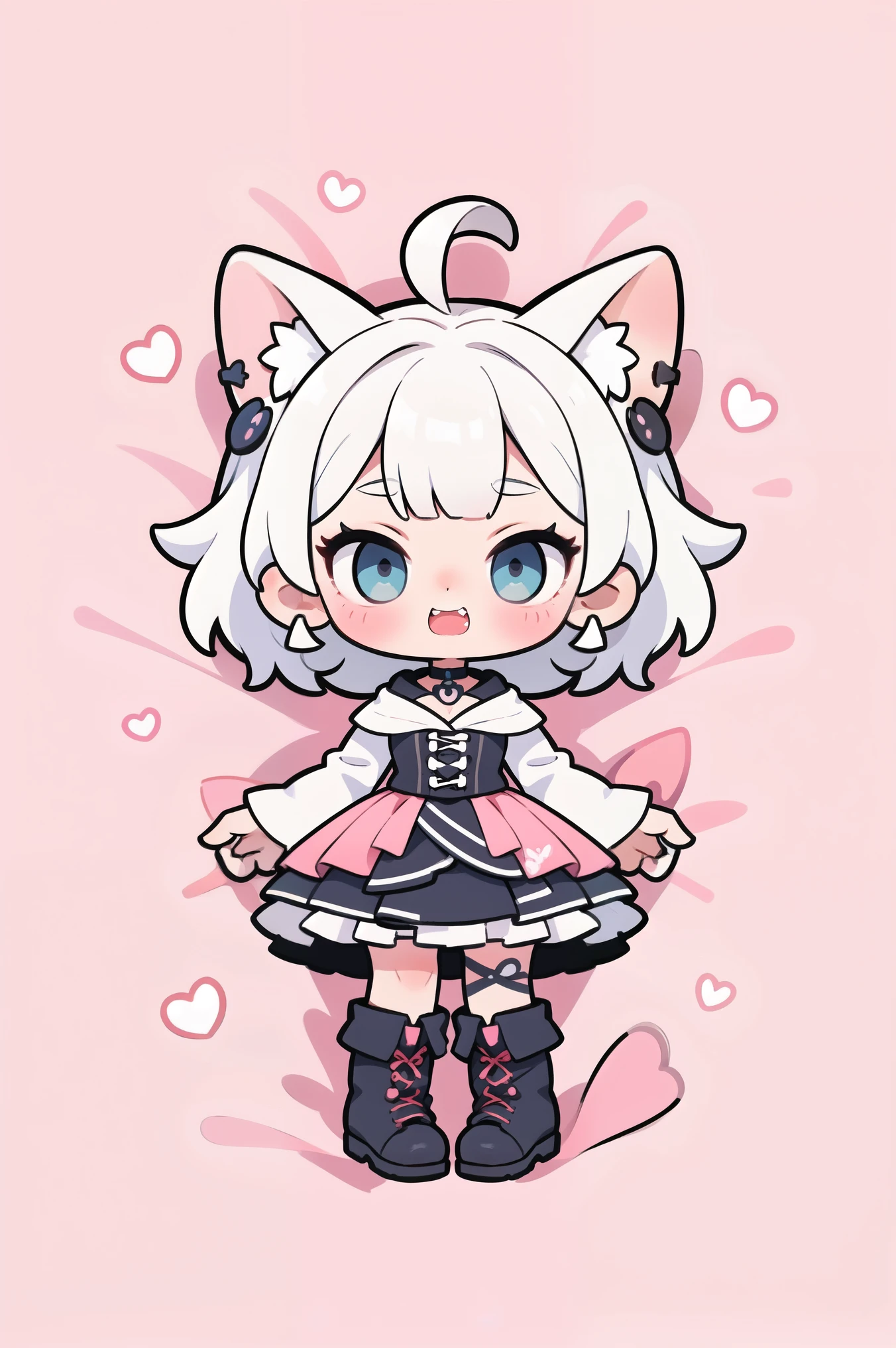 Cat Girl,Cat girl,skinny,breast reduction surgery,Lying pink flashes, Colorful, Pink,Soft color background, Stroking my chin,arrive,Arms at your sides,white毛,Medium Hair,white hair,Bangs,前髪Bangs,Straight bangs,Ahoge,white skin,Wicked Seductive,Conceit, Open your mouth, cute anime fangs, cute anime girl fangs, cute, A faint blush, 大きいdress,corset, Large Skirt,Gathered skirt, Suspender skirt,Thigh straps,boots,Tiara,Ear Clip,Choker,elbow  ,dress,corset,View from above,Top view,white,brown,elegant,Eye Makeup, lay ,cute, cute eyes, Profile Wallpaper, Ear Clip, Soft color background, Color effects all around, Surrounded by colorful lights, Pastel color background, Colorfulベッドに横たわる, Colorful毛布, Bed Sheet Background, Looking at