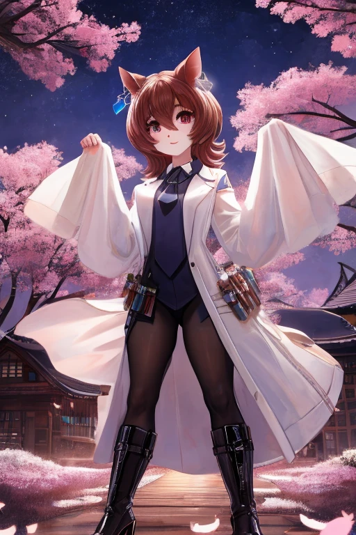 agnes tachyon \(Uma Musume\),single earring, long sleeves, sleeves past wrists, sleeves past fingers, collared shirt, black shirt, yellow sweater, sweater vest, black necktie, short necktie, open coat, white coat, labcoat, test tube, vial, zipper, black pantyhose, white footwear, high heel boots ,{{{masterpiece}}}, {{{best quality}}}, {{ultra-detailed}}, {illustration}, {{an extremely delicate and beautiful}}　Riding a white horse　Ride a White Horse　Cherry Blossoms at Night　Starry Sky　Have a cherry blossom viewing party