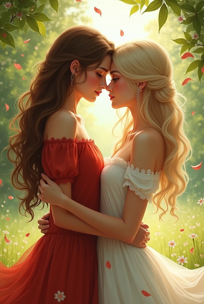 detailed beautiful woman, handsome man, poor woman, wealthy man, enemies to lovers, romantic scenery, dramatic lighting, cinematic, oil painting, vibrant colors, chiaroscuro, detailed facial features, emotive expressions, elegant clothing, lush environment, moody atmosphere, (best quality,4k,8k,highres,masterpiece:1.2),ultra-detailed,(realistic,photorealistic,photo-realistic:1.37)