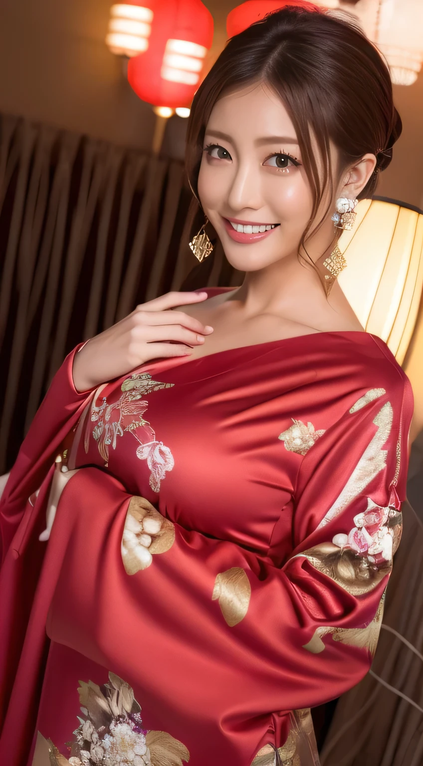 ((masterpiece(:1.4),Best Quality,Ultra-high resolution,Best Quality,8k,Extremely detailed,detailed))。night,Fireworks,Japanese,Beautiful woman,slim,Large Breasts(1.6),sexy,glamorous,Flashy gal makeup,Red Light District,,Prostitute,Long-sleeved kimono,Start,Gold brocade,Sunny clothes,Tying up hair,hairpin,Hair accessories,can,On the way,Gorgeous and luxurious,(A snapshot of a riverbank on a Fireworks night with fireworks in the background),Accentuate your breasts,Pull the dress up to show your shoulders,