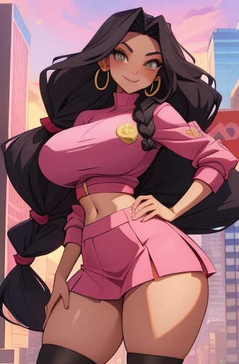 anime, 2 woman, mischievous smile, long hair, dark hair color, stylish hairstyle, side hair long lush hair, long curls of hair pulled to the sides, Braids within the hair, proportional body, huge breasts, huge hips, huge thighs, sexy body, beautiful mature girl, lovable character, crop top, short skirt, pink outfit, clarity, detailed, detailed face, very detailed drawing, smile, flirty look, city background, saturated background, perfect composition, soft natural volumetric cinematic perfect light, masterpiece