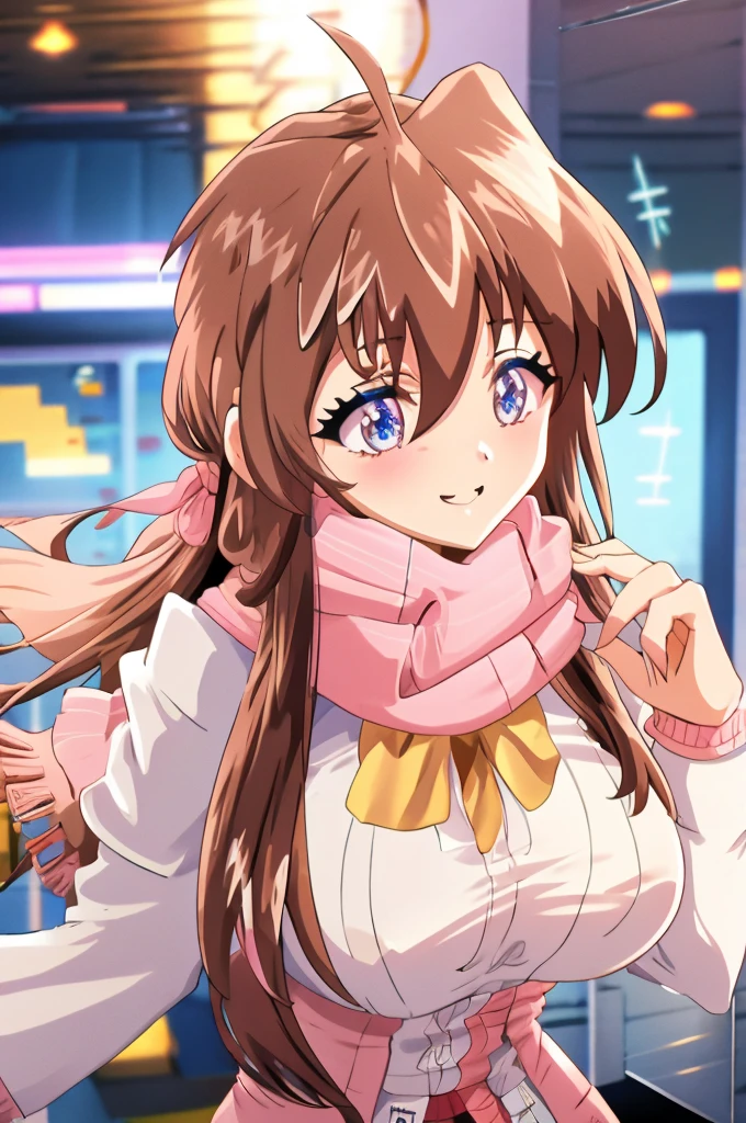 - Gal game style, One girl, Alone, Blue Eyes, Hair accessories, pink scarf, scarf, Ahoge, smile, mirror, reflection, Blurred, Hair Clip, jacket, Check pattern, , bangs, Fur trim, pink jacket, Virtual YouTuber, Check pattern scarf, Mouth closed, Depth of written boundary, cardigan, shirt, pink cardigan, Dated, Long sleeve, indoor, Brown Hair, Open clothes, Fringe trim, Blurred foreground, signature, Brown upper body, Coat