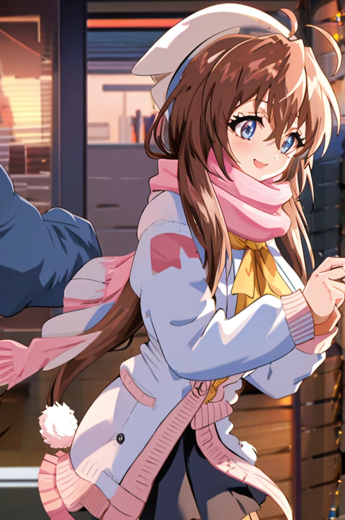 - Gal game style, One girl, Alone, Blue Eyes, Hair accessories, pink scarf, scarf, Ahoge, smile, mirror, reflection, Blurred, Hair Clip, jacket, Check pattern, , bangs, Fur trim, pink jacket, Virtual YouTuber, Check pattern scarf, Mouth closed, Depth of written boundary, cardigan, shirt, pink cardigan, Dated, Long sleeve, indoor, Brown Hair, Open clothes, Fringe trim, Blurred foreground, signature, Brown upper body, Coat