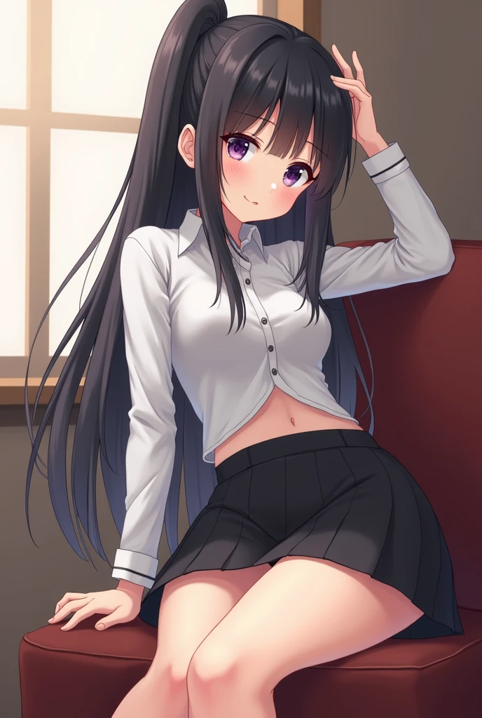 intricate detailed portrait of a girl with long black hair and bangs, wearing a very short skirt and a white shirt that is wet and see-through, revealing her ass and nipples, beautiful detailed eyes, beautiful detailed lips, extremely detailed face, long eyelashes, elegant pose, beautiful expression, realistic, photorealistic, 8k, high quality, masterpiece, award winning art, chiaroscuro lighting, dramatic lighting, cinematic, vibrant colors, dramatic colors, anime like