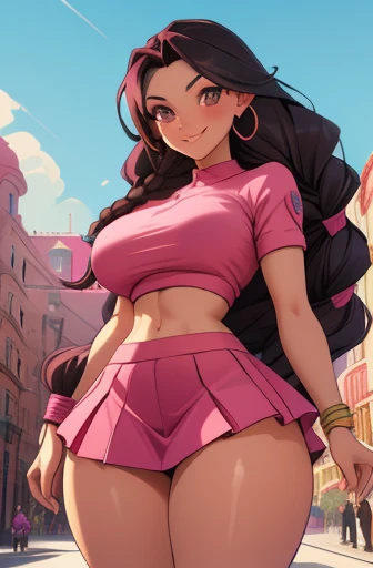 anime, 2 woman, mischievous smile, long hair, dark hair color, stylish hairstyle, side hair long lush hair, long curls of hair pulled to the sides, Braids within the hair, proportional body, huge breasts, huge hips, huge thighs, sexy body, beautiful mature girl, lovable character, crop top, short skirt, pink outfit, clarity, detailed, detailed face, very detailed drawing, smile, flirty look, city background, saturated background, perfect composition, soft natural volumetric cinematic perfect light, masterpiece