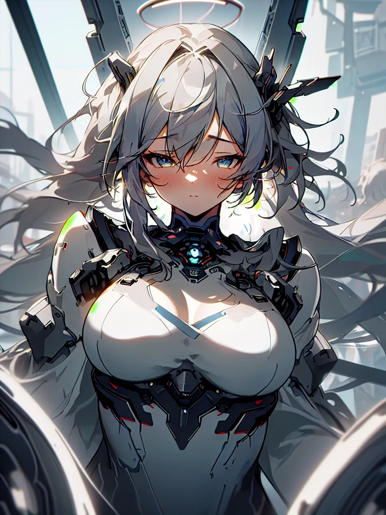 1girl, detailed anatomy, masterpiece, high quality, gray hair, messy hair, bangs, long hair, large breasts, closed mouth, drooping eyes, simple background, face, halo, blurred background, illustration, open eyes, large breasts, earrings, eyes as symbols, ethereal, digital painting, 8k, hyper detailed, photorealistic, dramatic lighting, fantasy, cinematic