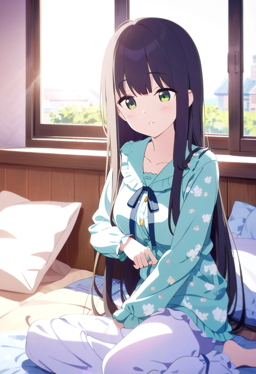 Super beautiful picture quality、High school girl、Slightly droopy eyes、Kind Face、Firm breasts、pajamas、Inside the house、In bed、The morning sun shines in、Opening the window、Looking out the window、Bright green eyes、Stretching pose、Just woke up、Still looking sleepy、Black Hair、Smooth long straight hair、Top quality backgrounds、Fine weather