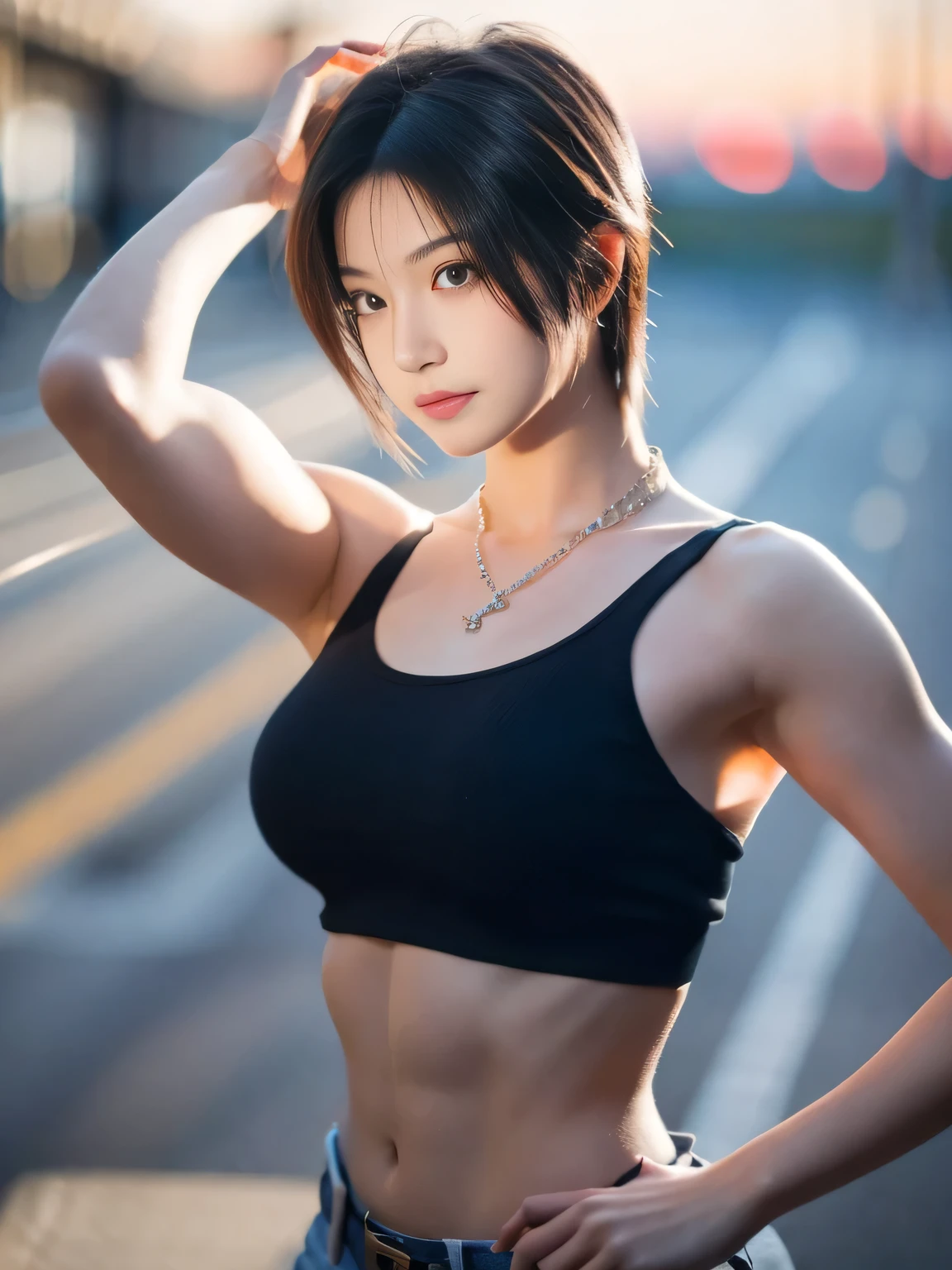 realistic, 1 women, best quality, 12k, HD, long hair, big round breasts, cleavage, ponytail, necklace, jewelry, shorts, short jacket, slim hips, hair tie, yellow eyes, black hair, super detailed, Eye details, hair details, person details, mouth details, face details, breast details, clothes details, hair details, pants details, hand details, whole body