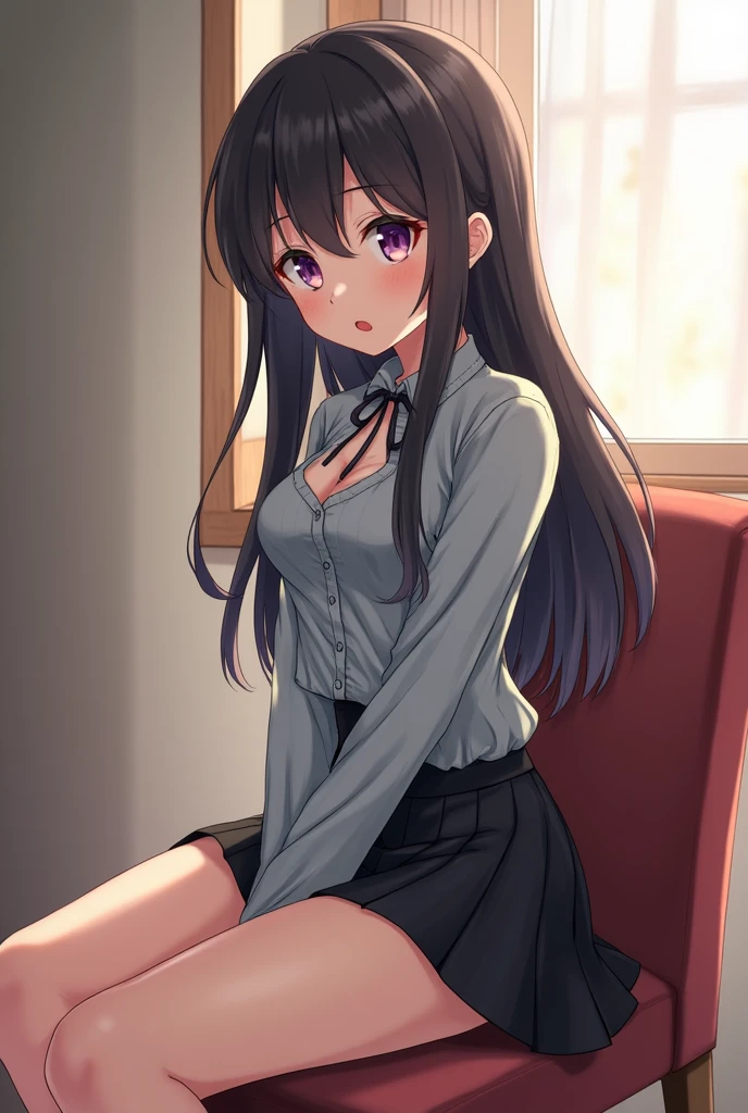 (best quality:1.2,masterpiece:1.2),solely,1girl,Miku Nakano,serious,closed mouth,looking at the viewer,hand on face,sitting,crossed legs,button-up shirt,tied-up skirt,stockings,thick thighs,big breasts