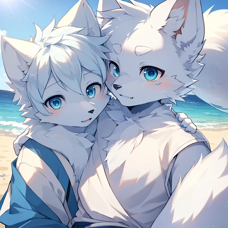 Wolf Blue Fluff Yellow Tail Golden Eyes White Hair Summer Beach Waves Joy