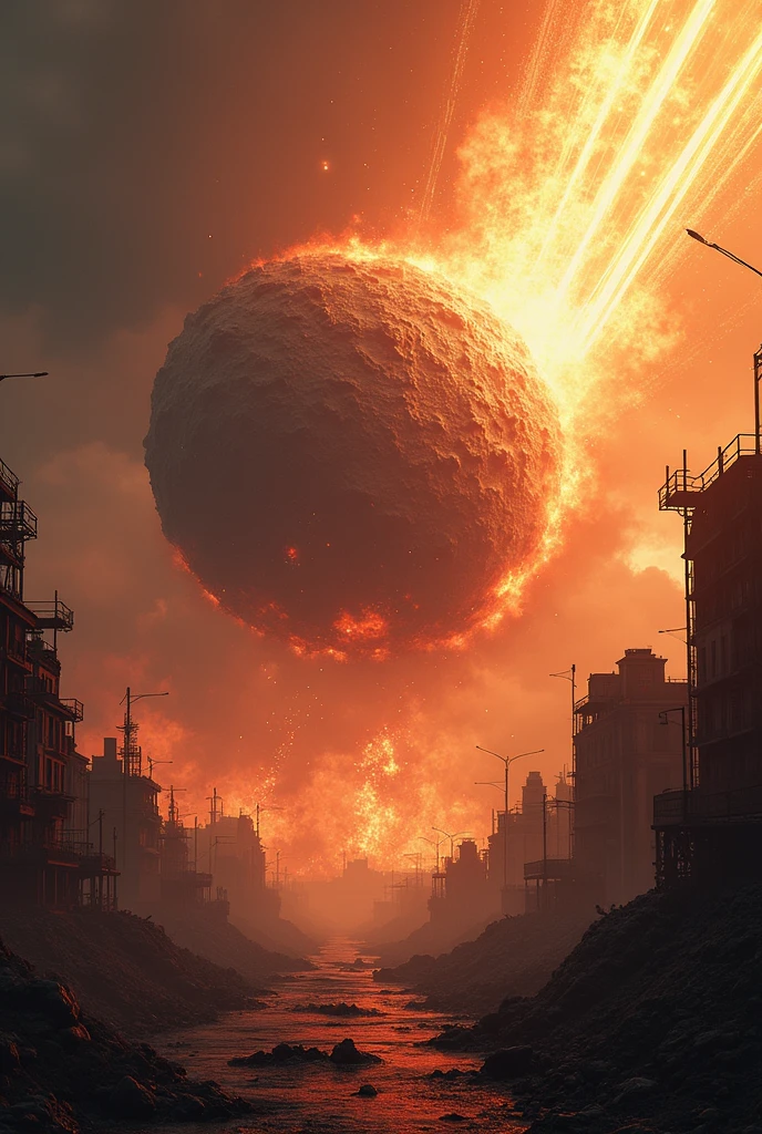 a giant moon falling and destroying city, Destroying London City, huge explosions everywhere, Destroyed city in the background, End of the World, Destroying a cityscape, apocalyptic event