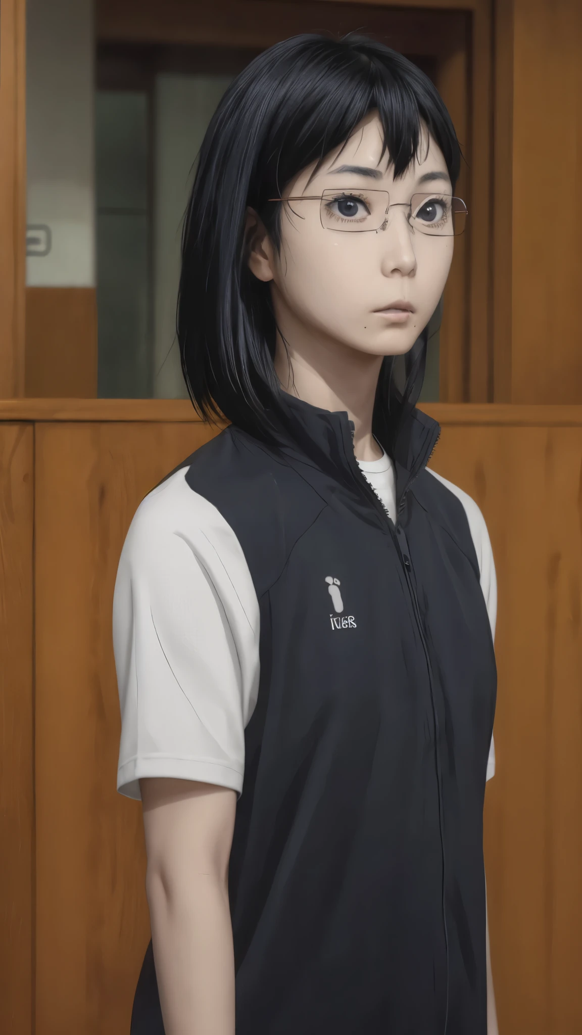 Kiyoko,black hair,mole under mouth,grey eyes,rimless eyewear,mole under eye,bangs,medium hair,