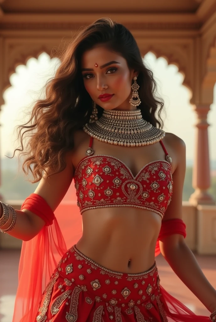 (Top quality, high resolution, accurate, masterpiece, 8k:1.5), (Realistic, Photorealistic:1.3), RAW photo, beautiful princess in indian red gold plated lahenga, necklace, jewelry, hair accessories, long weavy black heavy hair, light makeup, glass skin sleeping in the arms of a handsome king of dark complexion in a royal dhoti and no upper garment, ancient male jewelry.