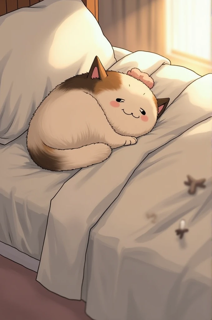 Illustration of a cute fat cat happy on a fluffy white pillow with light clouds around. Above the cat,Padoru_Meme,chibi,high lights