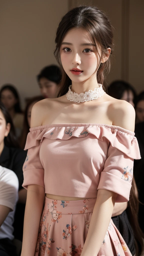 (The best, masterpiece), 1 girl, intricate details, Off-shoulder, skirt, collar, trim, perspective, looking at the audience, blush, Upper Body, Blurred background, Floral Print, contrasting