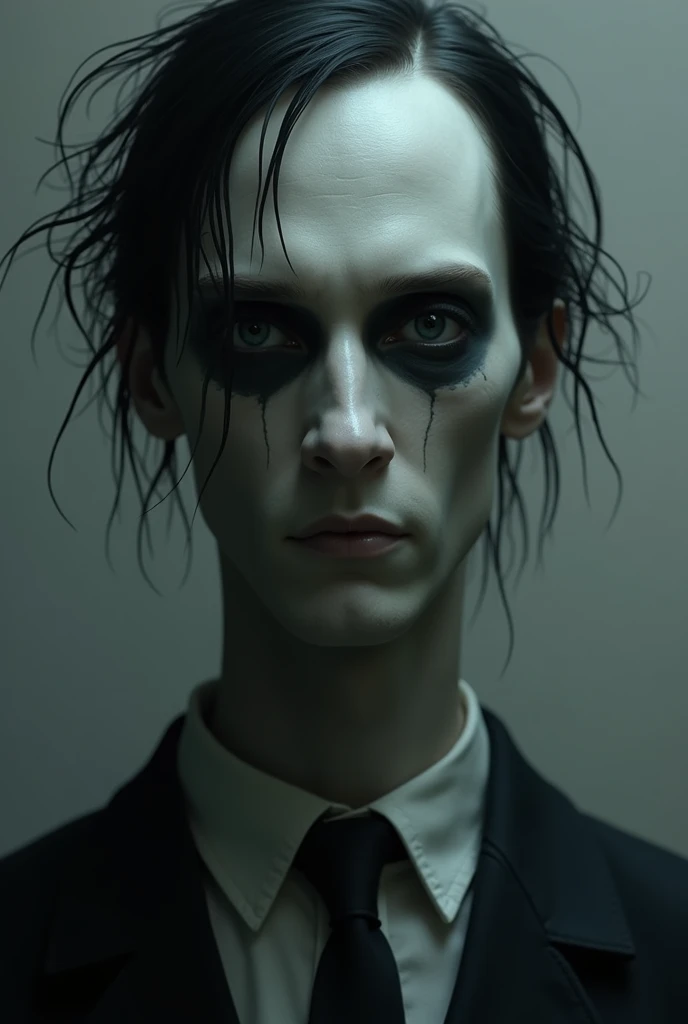 (Pale white man with goosebump black hair with scars on his face) pelo aclamado diretor Tim Burton, em uma cena inspirada em "Edward Scissorhands".