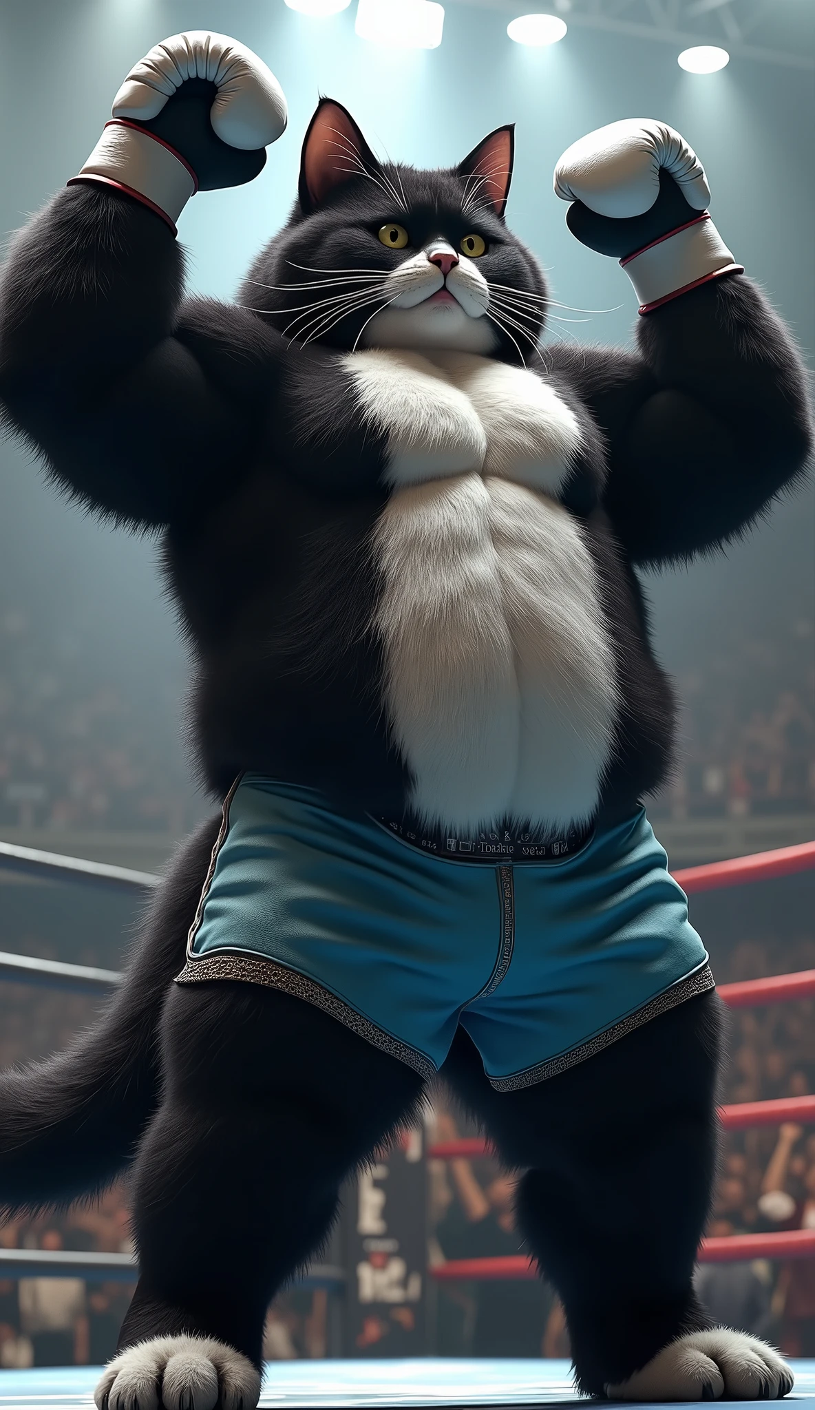 A colossal and muscular female Persian cat named Tica, with predominantly black fur, featuring white details on her muzzle, chest, and paws. She is wearing light blue shorts and white boxing gloves. Tica is depicted with her arms raised in a victorious and determined pose, showcasing her defined muscles and the contrast between her black and white fur. Her strong, imposing body is highlighted with realistic fur textures, especially in the soft white areas. The setting is an MMA arena, with the crowd in the background and volumetric lighting capturing the intensity of the scene. Her expression is focused and powerful, reflecting confidence and strength