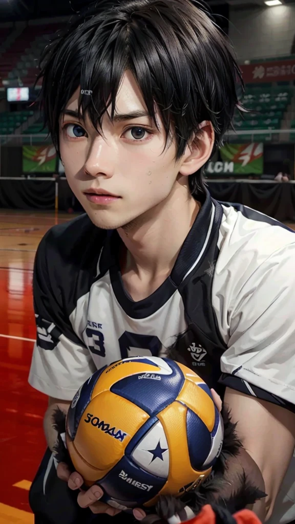 high res, Tobio Kageyamaa ,haikyuu!!, black hair, solo, 1boy, male, volleyball court, outside, detailed eyes,