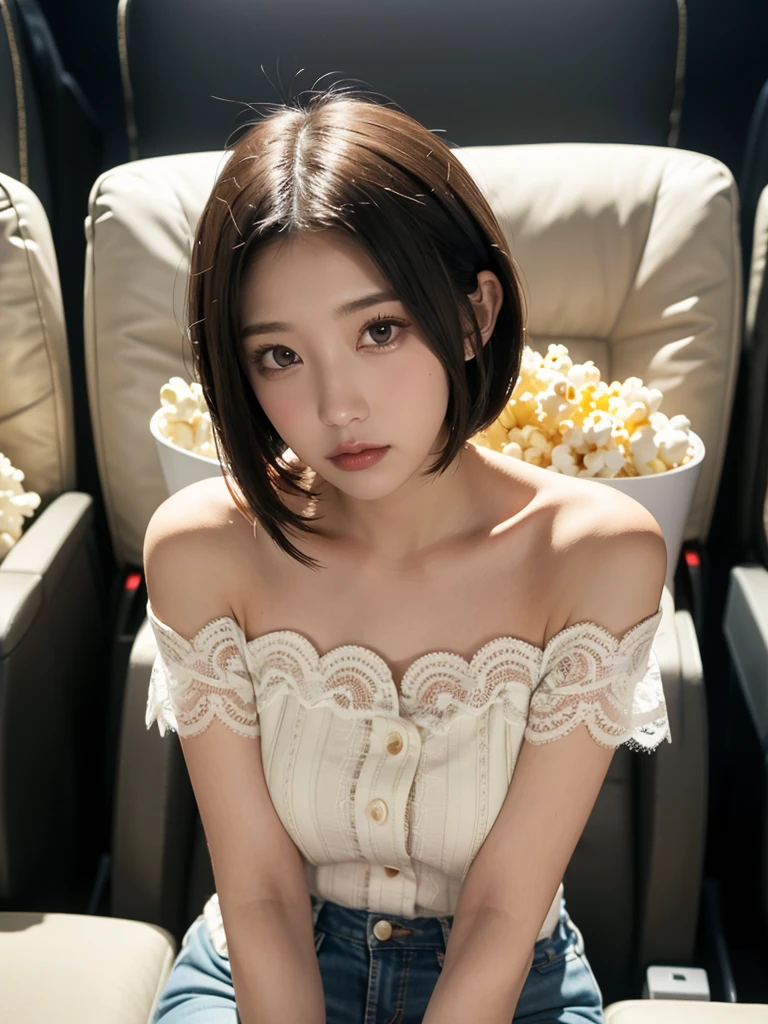 masterpiece, Best Quality, 8k,RAW Photos, With popcorn at the cinema,Off-the-shoulder blouse with lace,Dim lighting,1 female,very short hair,Minato Riku,