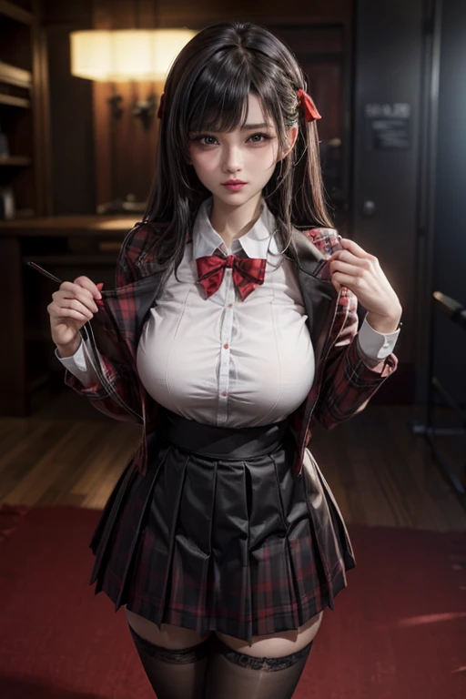 1girl, suspicious expression,(topheavy:1.2),(huge breasts:1.1), (topheavy:1.0),(bottomheavy:1.1), Joyful Victory Jump pose, (viewed from in front:1.1),beautiful face, seductive gaze, shiny skin, blush, eyeliner, eyeshadow, eyelashes, looking at viewer, Islands background , Brown eyes,( medium Aqua Braided Bun hairstyle),cinematic lighting, sunlight, volumetric, nice hands, perfect hands, zettai ryouiki, cosplayrealistic_bibleblack_schooldress_ownwaifu, pleated skirt, long sleeves, necktie, miniskirt, thighhighs, red necktie, vest, suspenders,Sexy Lawyer,22 years young, sexy lace lingerie,Classy business skirt, black blazer, white dress shirt, Tight Skirt, Reading a book at a desk, at the library, big, cleavage, perfect hands perfect fingers perfect breasts perfect fit perfect body perfect face perfect image realism detailed