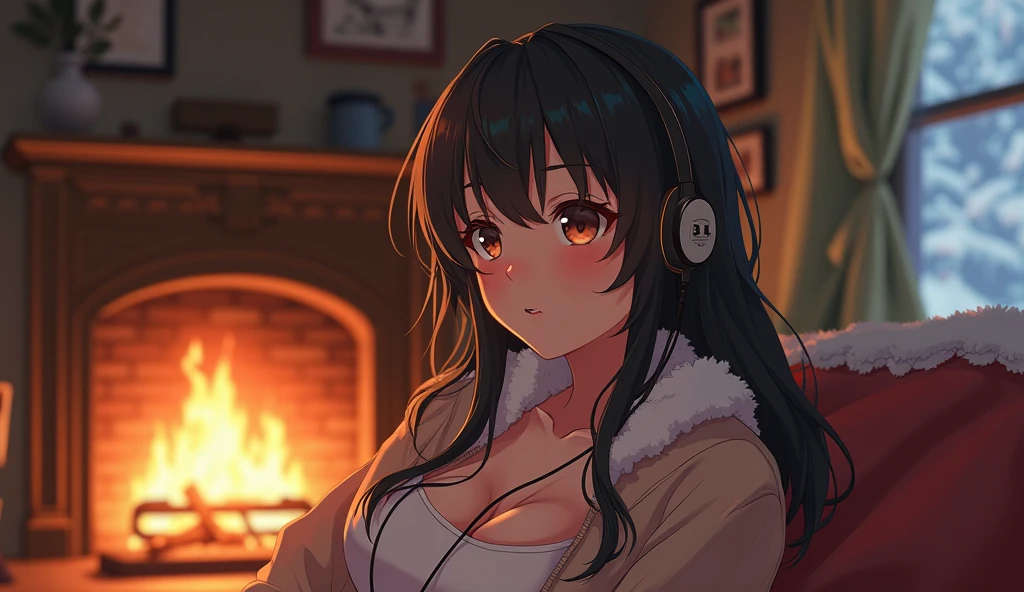 Perfect image, 8k, night、winter、high school girl、 Big Breasts、Using headphones、fireplace、 2D-style animation, Lo-Fi、Retro、Emotional、Anime style illustrations