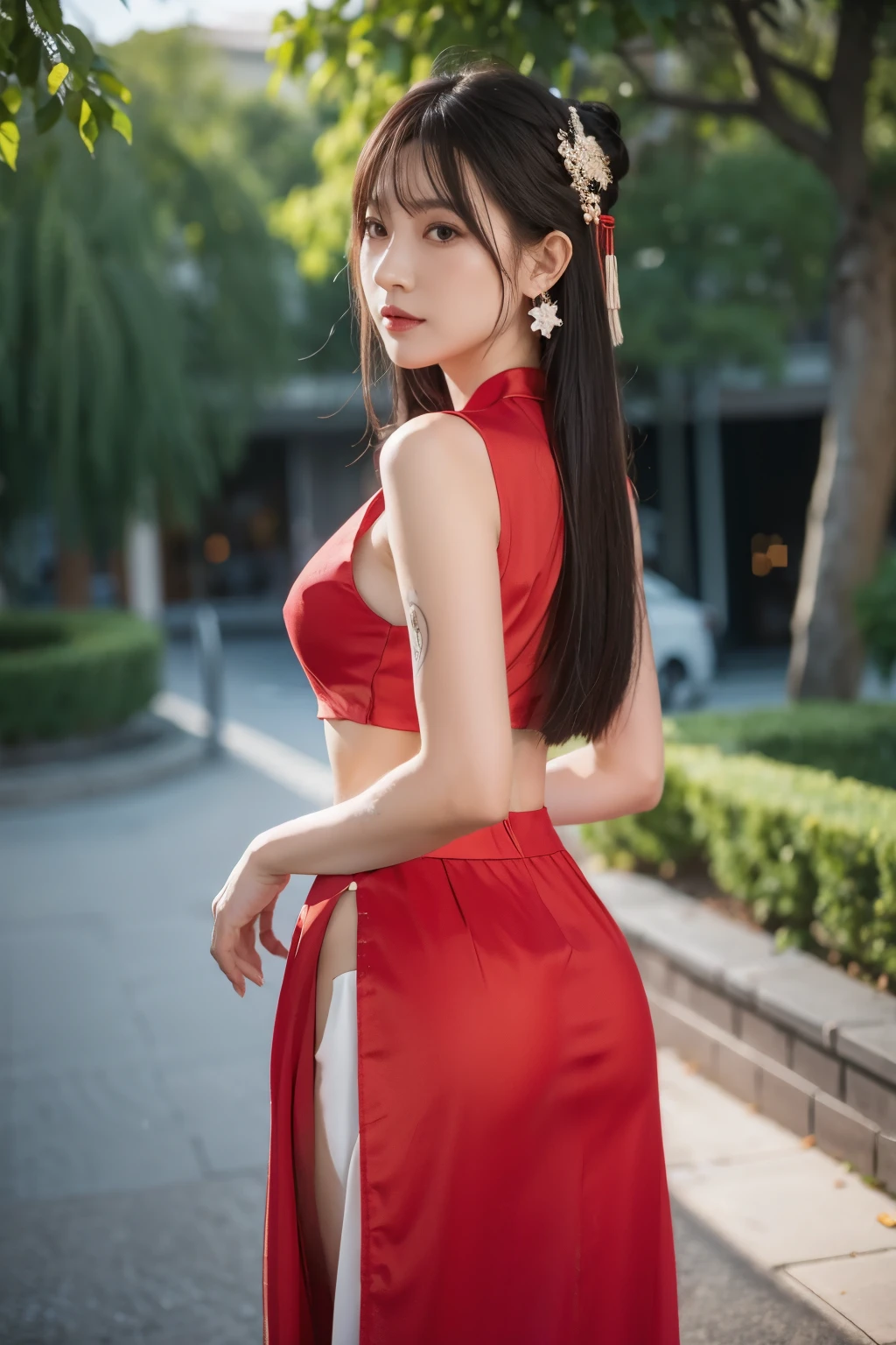 Vibrant colors, woman, masterpiece, Clear focus, , Depth of Field, Movie Lighting, White hair, Red Eyes, Weaving, skirt, Long hair, Red Eyes, Tattoo, earrings, Jewelry, black skirt, Hair accessories, Bangs, Chinese clothing, breast, china skirt, Sleeveless, 