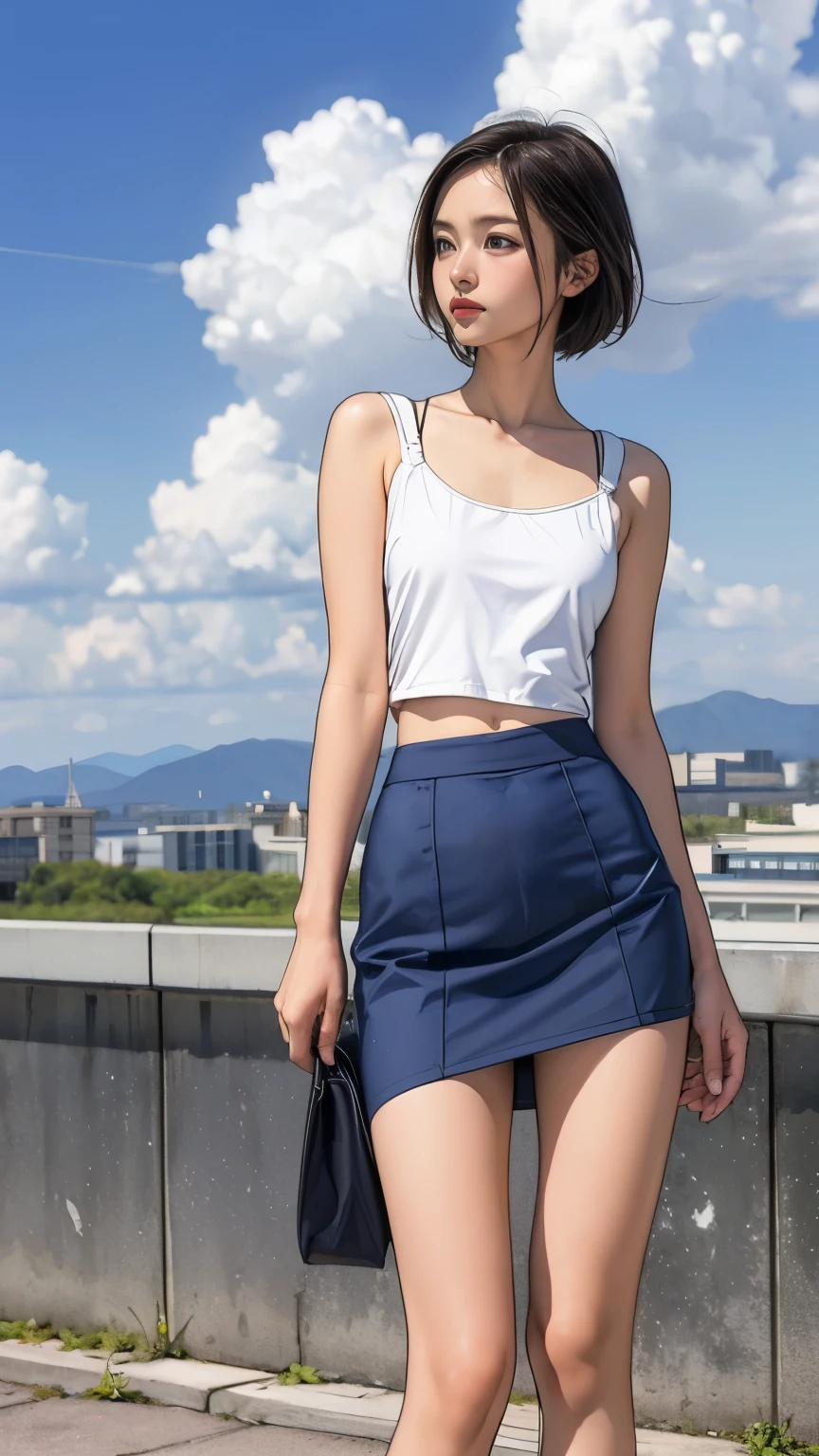 from below, 1 girl walk in city, skirt, big breasts, giant,