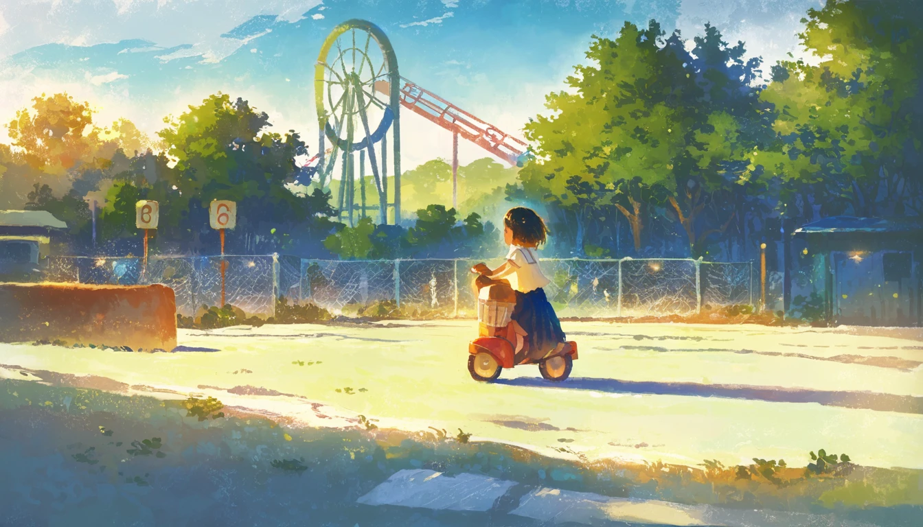 score_9, score_8_up, score_7_up, score_6_up, score_5_up, painting of Deserted amusement park, rusty ride, lonely, nostalgia, eerie, amazing art, masterpiece, best quality, high detail, style of makoto shinkai, by makoto shinkai, by Makoto Shinkai, trending on art-station, trending on art, 4K resolution, perfect lighting, perfect colors, perfect perspective, balanced composition,High quality, cinematic, dramatic, vibrant colors, dynamic, intricate, detailed, by makoto shinkai,
