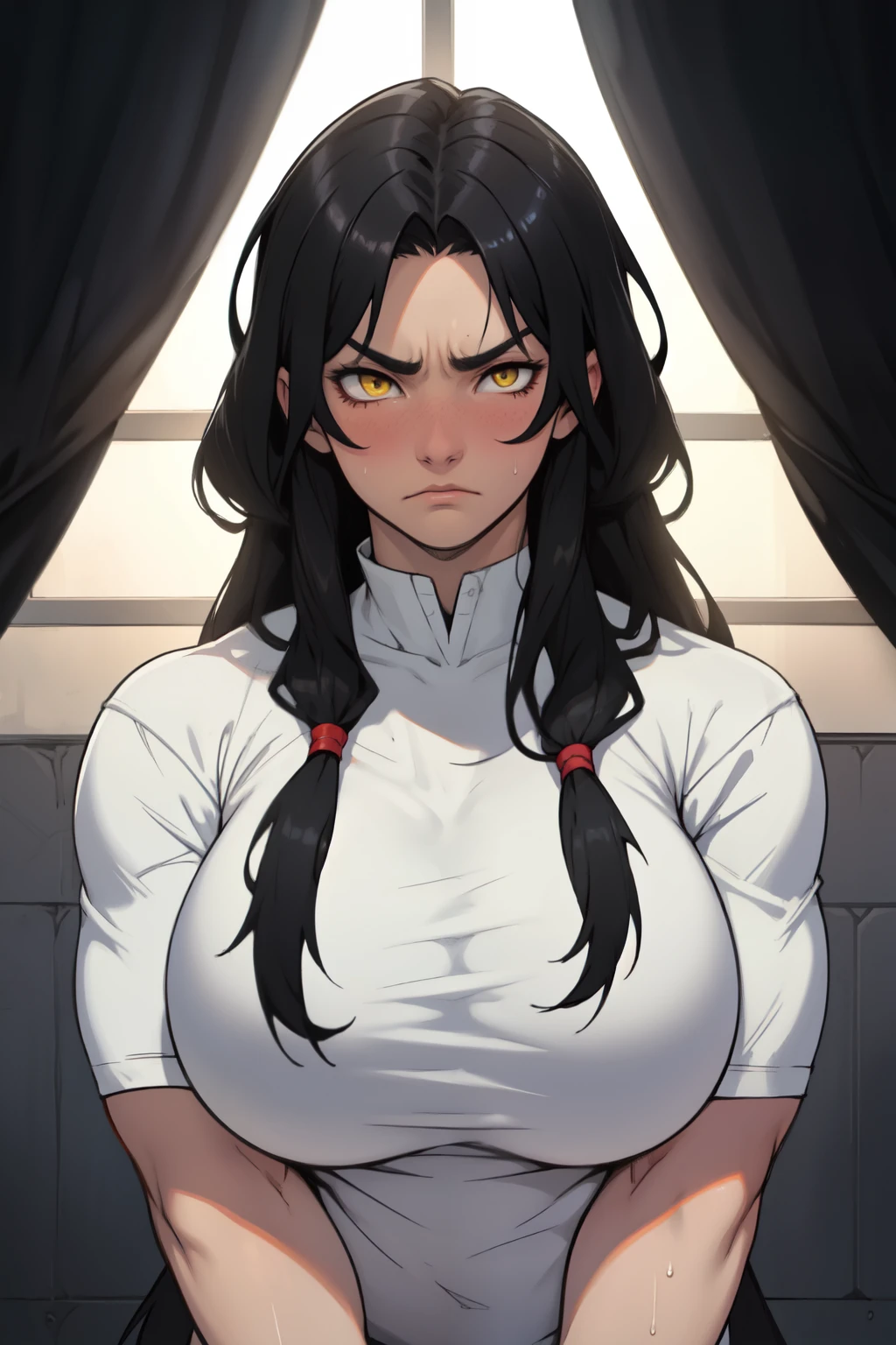 1girl bodybuilder huge breasts black hair yellow eyes solo sweaty very long hair pale skin laying in bed blushing dark atmosphere angry embarrassed  steam foggy