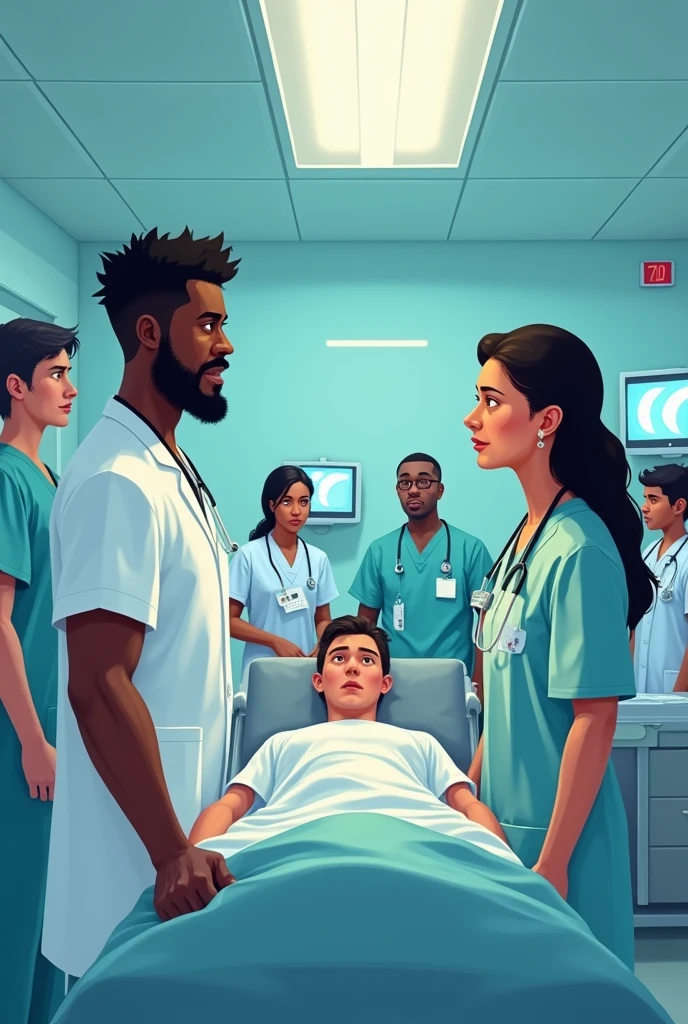 pintura de um homem em uma cama de hospital sendo cuidado por enfermeiras, em leito hospitalar, beautiful depiction, no hospital em vestido de paciente, 'he knows what you did ', Devastador, beautiful image ever created, Arte inspiradora, Directed by: F Scott Hess, Incredible masterpiece, Obra-prima, arte bonita, Directed by: Scott Gustafson, breathtaking masterpiece of art, bela obra-prima , Complete essa imagem , ultrarealismo, cibernetico, anime