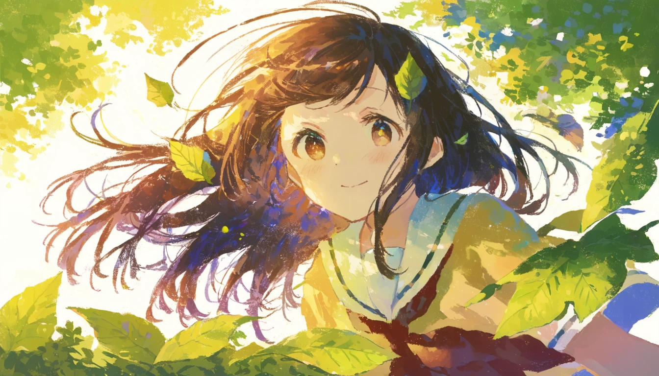 score_9, score_8_up, score_7_up, score_6_up, score_5_up, painting of one girl surrounded by leaves floating around her, sunny, beautiful, use of color theory, amazing art, masterpiece, best quality, high detail, style of makoto shinkai, by makoto shinkai, by Makoto Shinkai, trending on art-station, trending on art, 4K resolution, perfect lighting, perfect colors, perfect perspective, balanced composition,High quality, cinematic, dramatic, vibrant colors, dynamic, intricate, detailed, by makoto shinkai,
