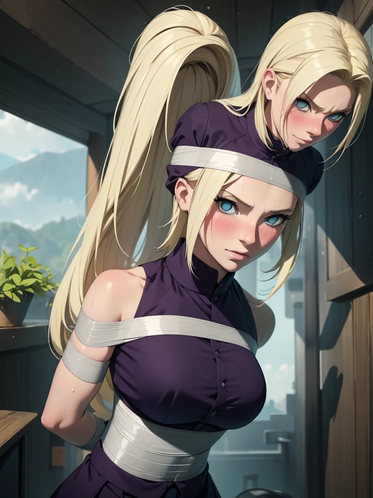 {-erro_de_anatomia:1.0} estilo anime, Masterpiece, absurdities, Yamanaka Ino\(Naruto\), 1girl Solo, woman, Perfect composition, Detailed lips, Beautiful face, body proportion, Blush, Long blonde hair, blue eyes, purple blouse, purple pant, Soft gauze, Super realistic, Detailed, photo shoot, Realistic faces and bodies, masterpiece, best quality, best illustration, hyper detailed, 1 woman, solo, glamorous, blushing, upper body, fighting, on nature, look at the view, dimanic poses,bound, bondage, (arms behind back:1.4), bdsm, tape gag, tape, tape bondage, restrained, best anatomy, tape wrapped