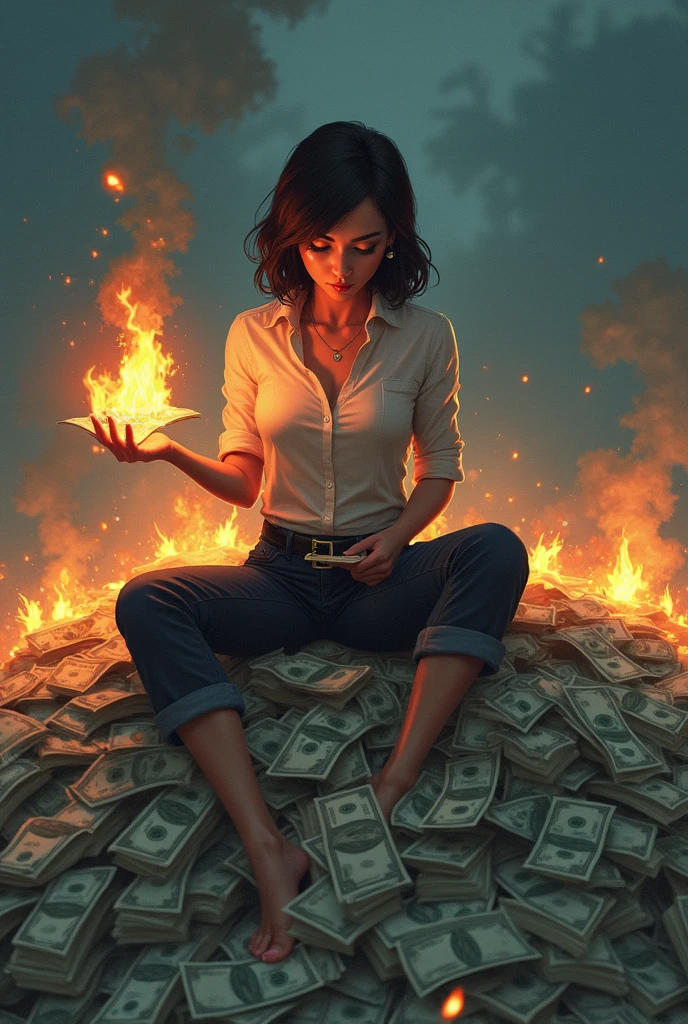 Create a dramatic scene with a fiery red background featuring a plummeting market graph, burning Bitcoin symbols, and stacks of coins engulfed in flames. In the foreground,  red suit with a beautiful, cute girl in a stylish red outfit, her face showing a mix of exaggerated frustration and forced enthusiasm, giving a thumbs-up with tears of laughter and frustration. Keep the overall theme of financial turmoil and the red fire elements to emphasize the intensity of the situation.