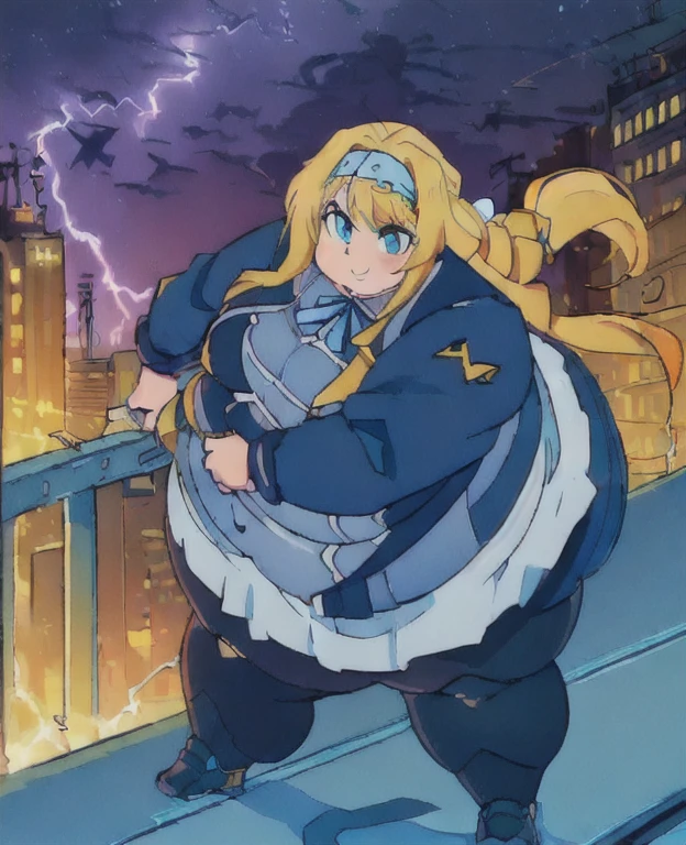 ((best quality, 4k, 8k, anime girl, masterpiece)), ((((beautiful extremely detailed face, beautiful eyes)))), big eyes, cinematic lighting, perfect anatomy, ((alice synthesis thirty)), (((chubby, SSBBW, very obese, very wide waist, thick waist, round breasts))), (((dark blue jacket, JK uniform, arrow pattern))), (full body view), ((orange blonde hair, glowing hair, long hair, striped headband)), (((very wide waist, thick waist))), (((fully clothed))), smile, ((city lights, highway, bridge, lightning, factory, high voltage warning sign)), ((thick outlines, anime style, vibrant colours)), (brave pose, intimidating pose, standing straight up), armor, ((low angle)),