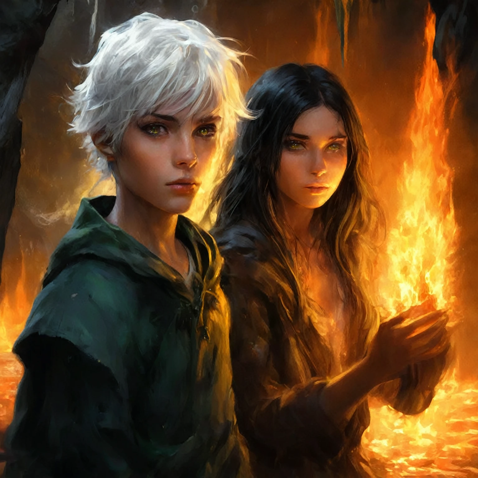 28 years, boy with green eyes and white hair, with water in hands, and a girl with yellow eyes, with dark hair, with water in hands, walk on water into a fiery cave , книжный portrait в жанре РПГ, portrait из "Dungeons and Dragons", фэнтезийный portrait,  fantasy book illustration, graphic artist magali villeneuve, авторский portrait в лицах, концепт-арт portrait в стиле фэнтези, realistic fantasy style illustration, portrait, эпический ролевой portrait, portrait снизу, ролевой portrait.3, a guy with green eyes and white hair is dressed in a tailcoat, with water in his hands, and a girl with yellow eyes is dressed in a wedding dress, with dark hair, with water in her hands, walking through the water into a fiery cave, a lower portrait in the RPG genre, a portrait from "Dungeons and Dragons", esoteric portrait, fantasy book illustration, graphic artist Magali Villeneuve, author's portrait , concept art portrait in styles, realistic fantasy illustration, portrait, physical portrait, portrait from below, role portrait.