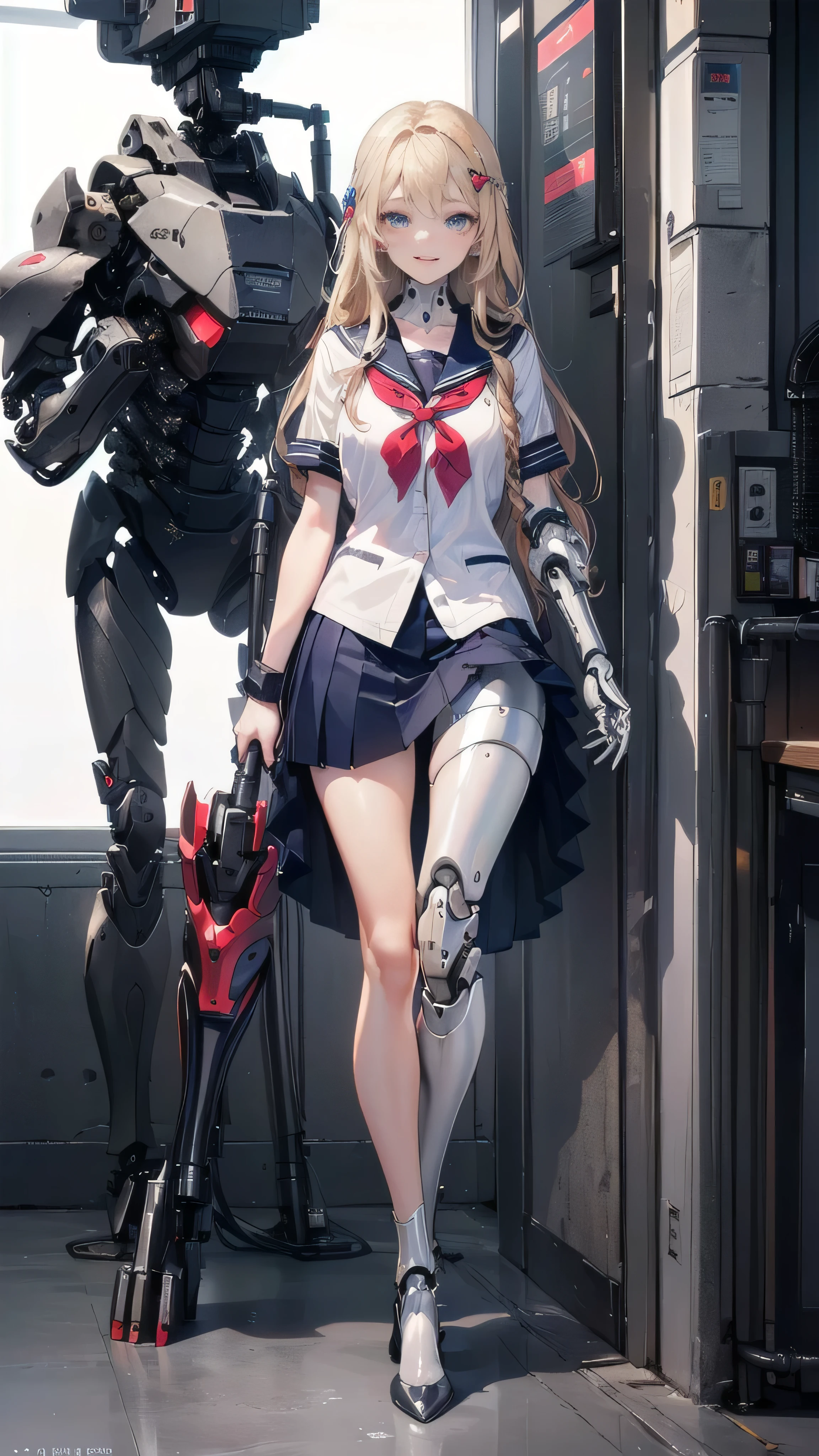 Full Body Shot,Perfect Eyes, Soft Light, high quality, 8k resolution, masterpiece, Textured skin, Attention to detail, 最high quality, Awards, Very detailed, high quality,(( Girls,Student Uniform,High school girl,Body 30％Machine,Laugh naturally:1.35,The left leg is a prosthetic:1.25,The right leg is flesh,The left hand is alive,The right arm is a complete prosthetic,,Prosthetic arms and legs are futuristic,Soft looking lips,Glossy skin,Hair is braided,Hair accessories,Soft-looking skin:1.25)),(((Mechanical prosthetic limb:1.25,High heel prosthetic leg)))