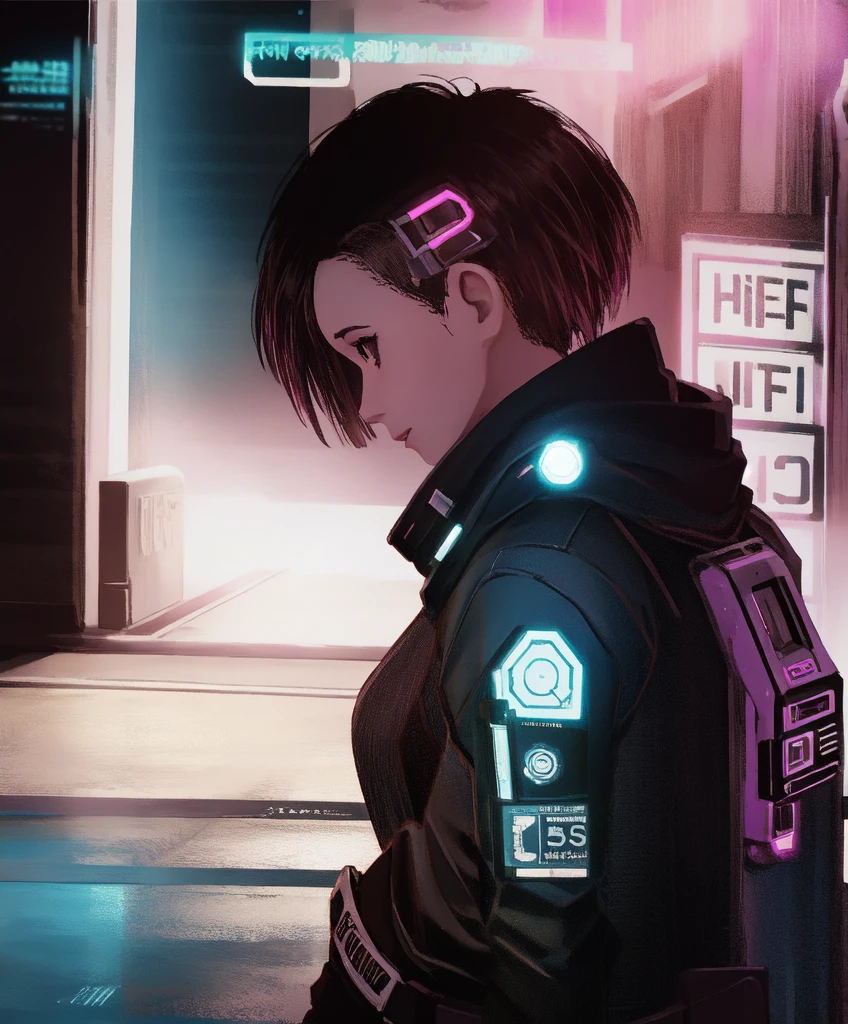 Girl in profile looking up (cyberpunk), Futuristic, neon, urban, dystopian