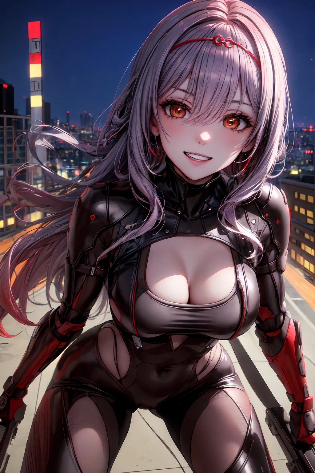 (masterpiece), Highest quality, Intricate details, Super detailed, super high quality, The rule of thirds, (View your viewers), Detailed face, Detailed Iris, Glossy Lips, One girl, alone, Long Hair, scarlet, scarlet, Bodysuits, Headpiece, Cityscape, bridge. Backlight, Night Sky, Shooting from above, Grin, Cretted teeth, Red eyes, Focus on your audience, Focus on the face, (Shooting from above), woman, sexy woman, Captivating smile, Detailed eyes, Glowing Eyes, Riding on motorcycle