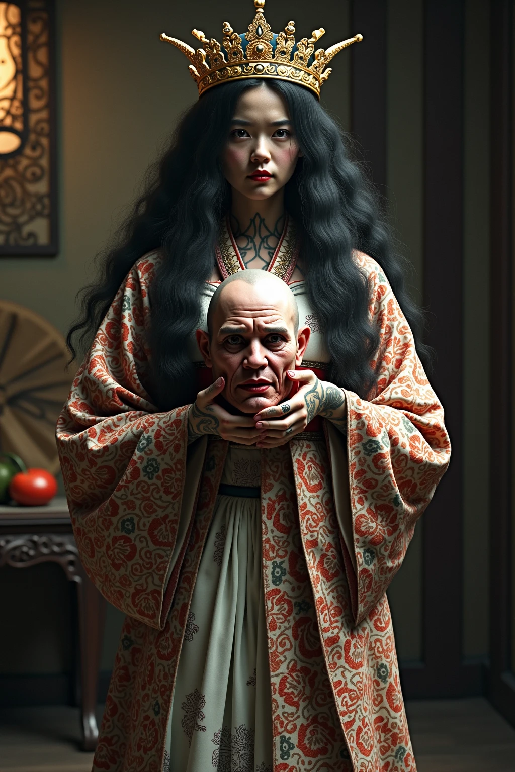 (masterpiece:1.1, Best Quality:1.1) (Photorealistic:1.5), (((1girl in, 1man, In this photograph))), (She hugs her grandfather in a hut:1.5), (Bokeh), High resolution, 32K HDR, Wallpaper, (hyper derailed face:1.15, Ultra-realistic skin texture:1.15, Detailed eyes:1.15), (super gigantic breast:1.7, Realistic nipples:1.2), (Ultra-realistic photos of beautiful Reiko Mikami:1.75, Long orange straight hair:1.6, nude :1.7),