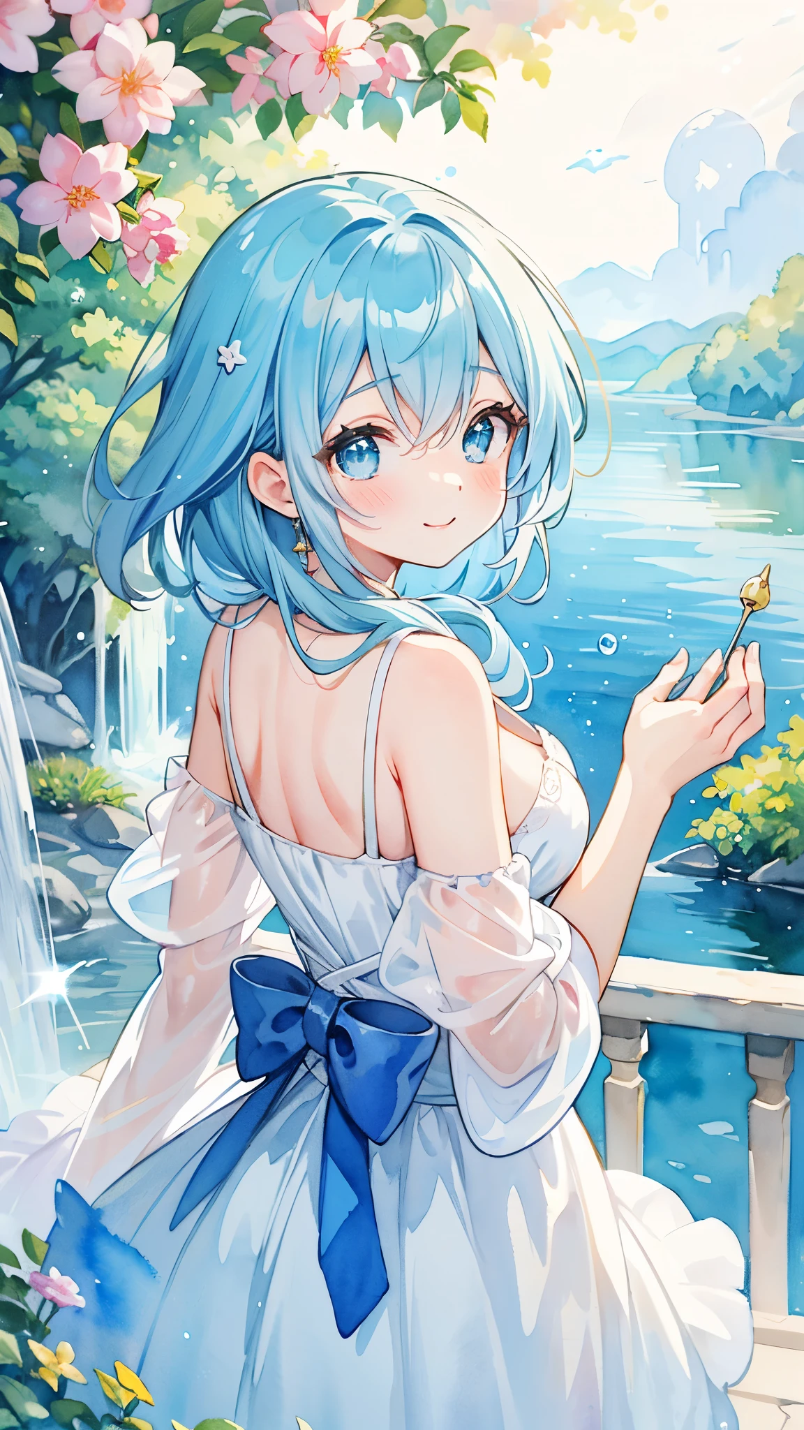 A woman in a white dress holding a flower near a waterfall - SeaArt AI