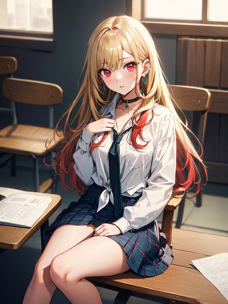 high quality,uniform,hort Bob,Glasses,Blonde,Red panties are visible from under the skirt,classroom