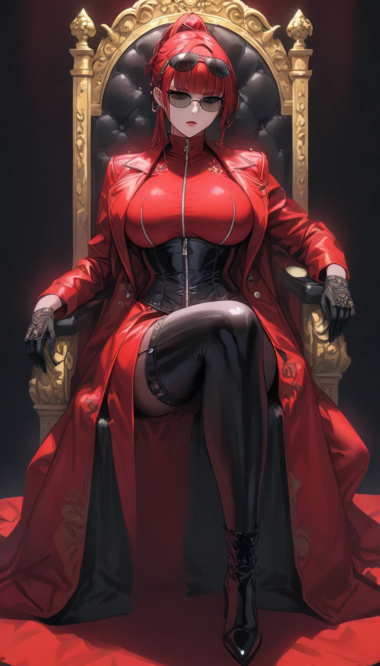 Femdom pretty domination girl with huge breast, upper class, luxury, triad female leader, Known for her impeccable fashion sense and elegant demeanor, she is a true embodiment of the Versace brand. Her body language is as captivating as her style dressed all red shiny rubber trench coat with (((dramatic high coat collar))) (((high and wide popped coat collar))), showcasing a unique combination of elegance and strength.  leather gloves and boots, elegant sit pose on throne, holding a whip, in torture room basement, surrounded whorsip by her naked sex slaves