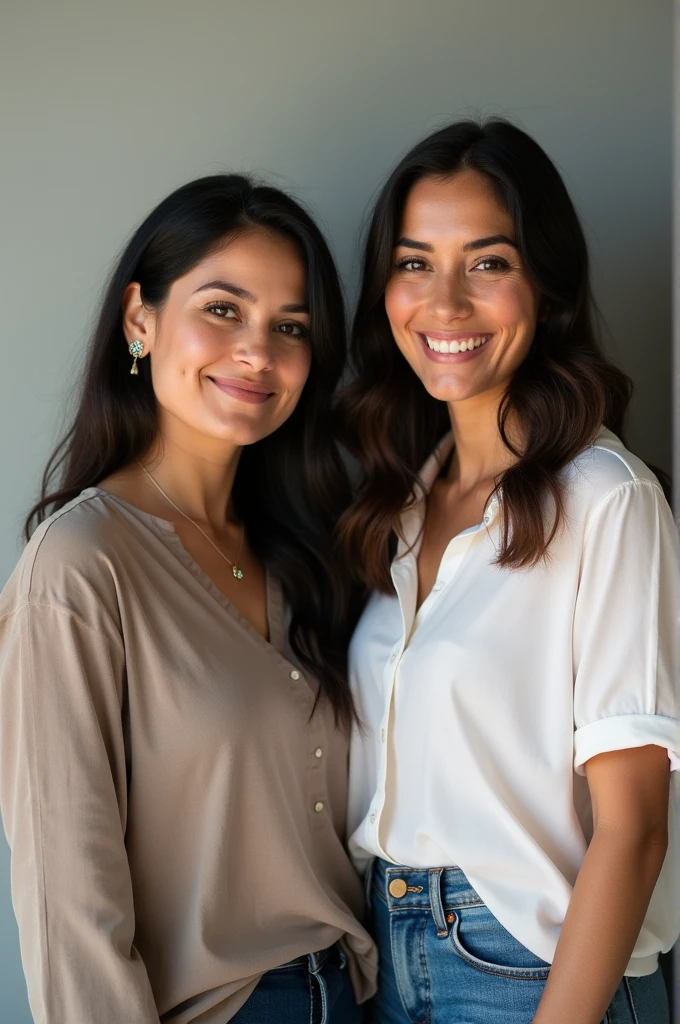 Create a realistic photograph of a smiling and beautiful indian actress in black jacket carrying a large man on her shoulders in a room, man is sitting on top of her shoulders , man on top, woman at bottom